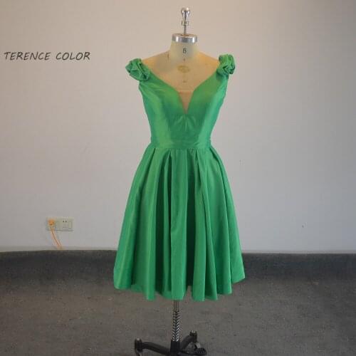 Green Taffeta V-neck Pleat Short Prom Dresses Cap Sleeves Party dress