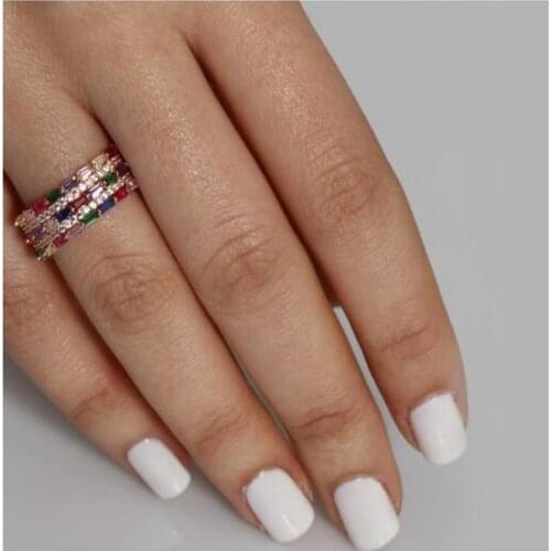 Colorful baguette cz eternity band ring rose gold color fashion women finger jewelry