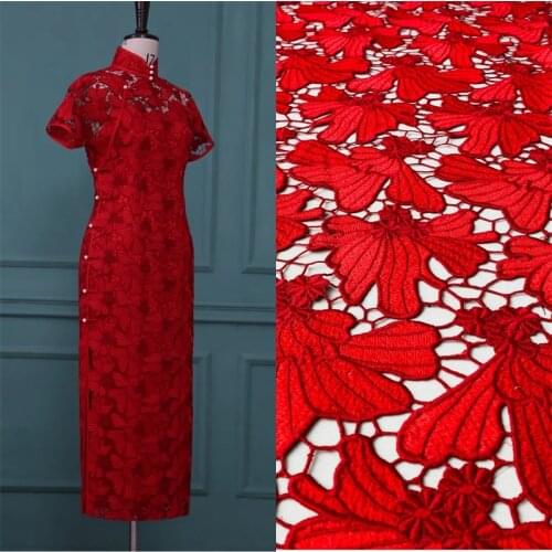 Lace253 From 2meter Exquisite Red Flowers Hollow Mesh Flowers Embroidered Lace Fabric Cheongsam Dress Cloth DIY Sewing Material