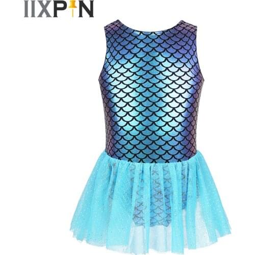 Toddlers Girls Mermaid Dress Ballet Tutu Dress Sleeveless Party Dancewear Fish Scales Printed Glitters Tulle Dance Leotard Dress
