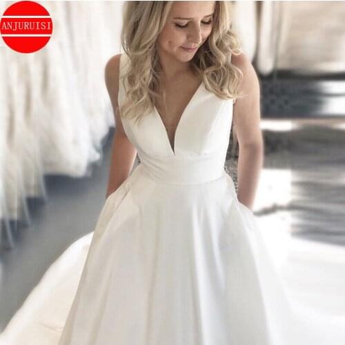 Simple Vestidos De Noiva V-neck Wedding Dresses Sexy White Ivory Satin Backless Bridal Gowns Cheap suknia ślubna With Pockets