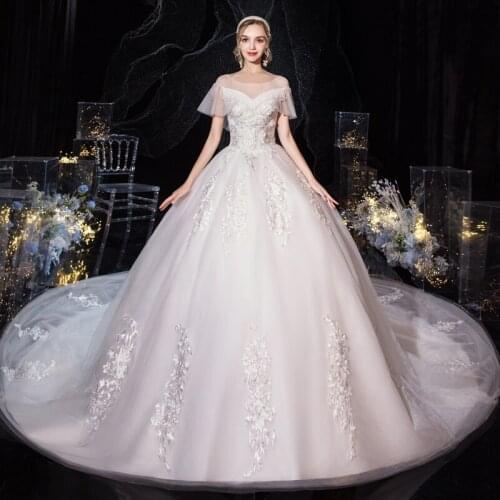 Wedding Dress 2020 New Gryffon Luxury Short Sleeve O-neck Wedding Dress With Train Lace Up Ball Gown Princess Plus Size Dress