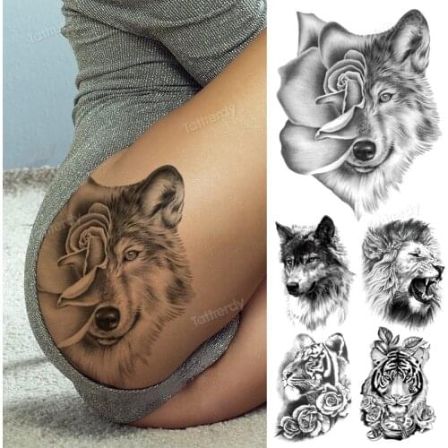 Wolf lion tiger tattoo animals forest waterproof big temporary tattoo women leg thigh hip sexy body tattoo stickers black fake
