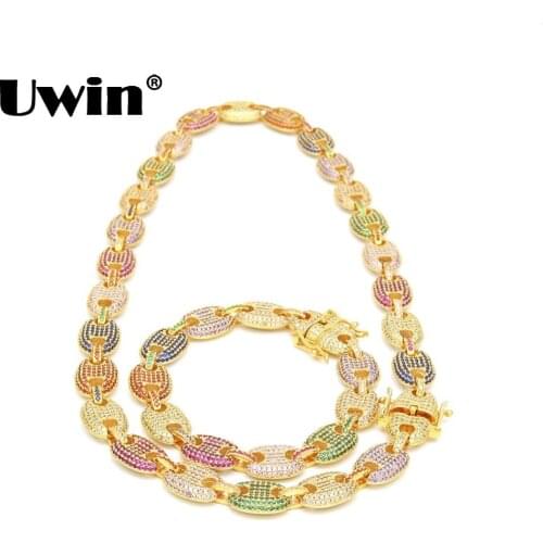 Uwin 13mm Necklace& Bracelet Set Puffed Marine Chain Fat Links Chain Micro Pave Rainbow Colorful Cubic Zirconia Men Jewelry set