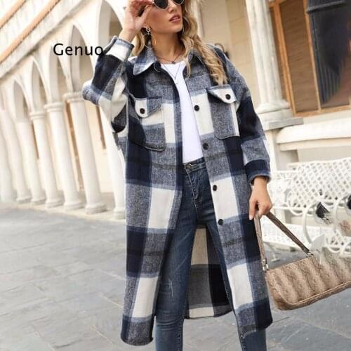 Green Plaid Long Coat Women Jacket Female Casual Long Plaid Shirt Vintage Plaid Pattern Woolen Coat Girl Outwear Tops