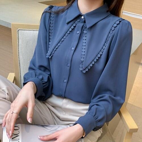 2021 Autumn Women Shirt Button Peter Pan Collar French Shirt Long Sleeve Top Women Blouse Elegant Blusas Mujer Temperament 16361