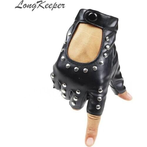 LongKeeper Women Rivets PU Leather Gloves Semi-Finger Mens Rivet Belt PU Gloves Sexy Cutout Fingerless Gloves G221