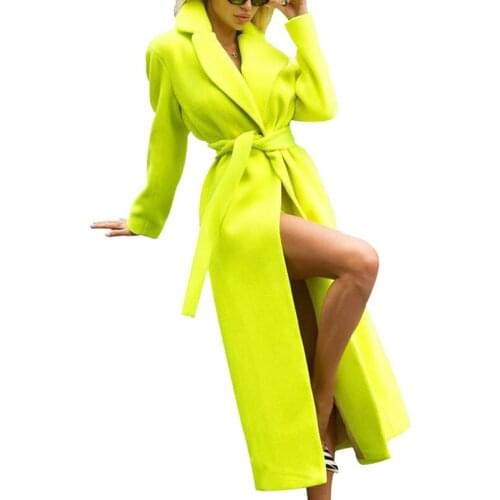 Womens Fashion Autumn Winter Long Woolen Lapel Coat Mid-length Overcoat Parka Outwear Cardigan Matching Belt