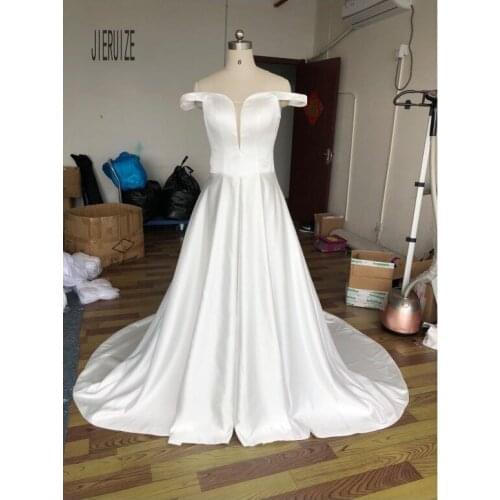 JIERUIZE White Ivory SatinWedding Dresses Off Shoulder Short Sleeves Zipper Back Long A Line Bridal Dress Vestido de novia