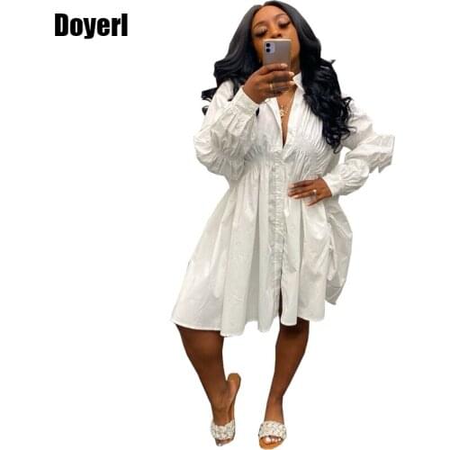 White Button Up Shirt Dress Women Spring Long Lantern Sleeve Turn Down Collar Oversized Shirt Dress Loose Casual Shirt Dress
