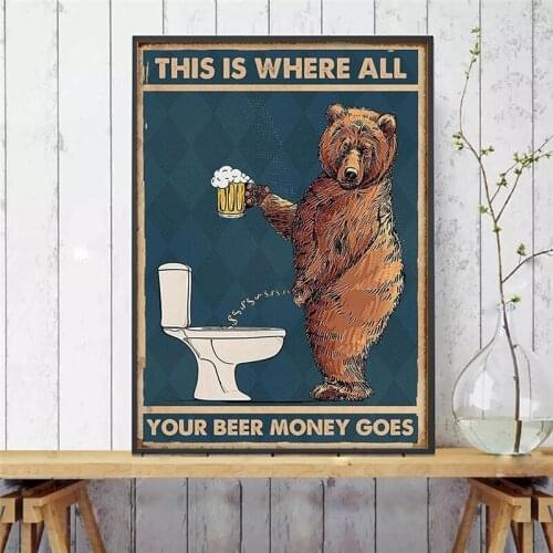 Grumpy Bear Drinking Beer To The Bathroom Abstract Poster Prints on Canvas Painting Wall Art Picture Bathroom Toilet Home Decor