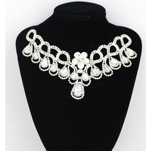 1 PCS sparkling glass water drop flower rhinestone decoration neckline applique patch DIY wedding dress accessory YL028