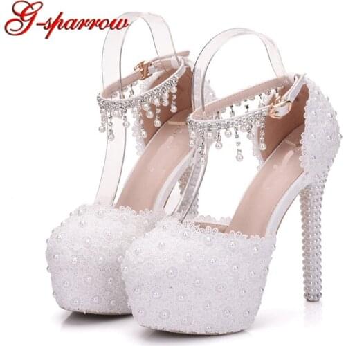 White Lace Flower Bridesmaid Platforms High Heel Sandals Buckle Straps Beading Tassel Lace Wedding Dress Shoes Party Prom Heels