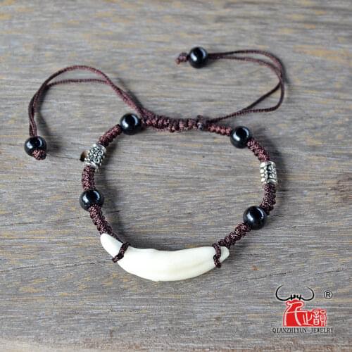 YS001 Natural bone punk bracelet wood beads bracelet men spike bracelet women Primitive tribes jewelry Fake wolf Tooth Bangles
