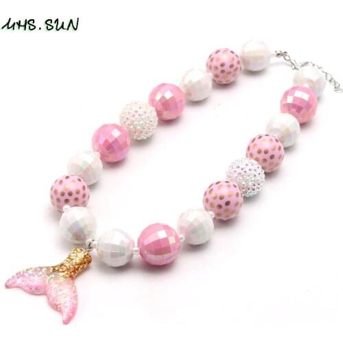 MHS.SUN Fashion Mermaid Tail Pendant Necklace For Baby Kids DIY Pink+White Chunky Acrylic Beaded Necklace Jewelry For Party Gift