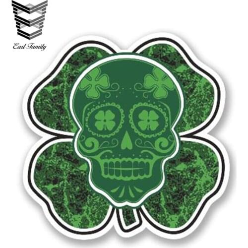 EARLFAMILY 13cm x 13cm Irish Lucky Clover Sugar Skull Car Sticker Graffiti Surfing Skateboarding Decal Graphic Vinyl Car Styling