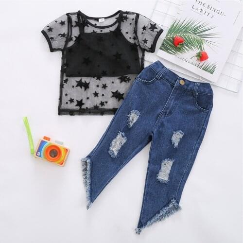Stars Mesh T-shirt Camisole Top Holes Jeans Children Sets 3PCS Girls Outfits Summer Kids Baby Girls Clothing Outfit Set For Girl