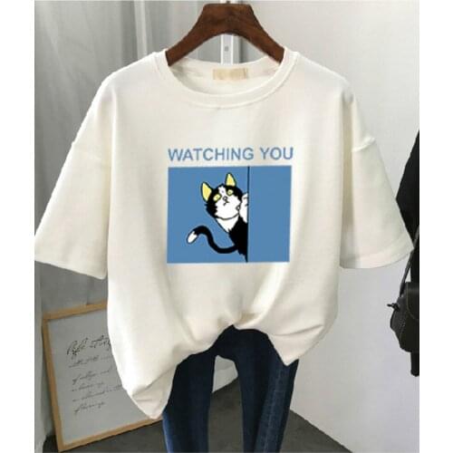 Cartoon Cat T-shirt Women Fashion Harajuku Letter Basic Tops Casual Tees Summer Oversized Print Cotton Tshirt Womens