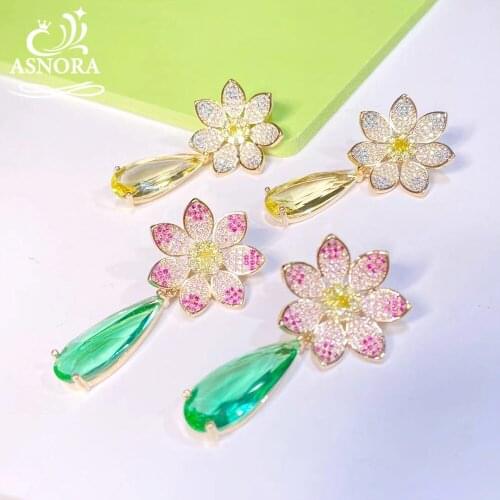 ASNORA Ladies Cubic Zirconia Flower Water Drop Earrings Luxury Green Yellow Pendant Earrings Bridal Wedding Jewelry