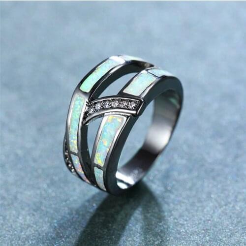 Boho Female White Opal Stone Ring Vintage Black Gold Wedding Rings For Women Promise Love Unique Engagement Ring