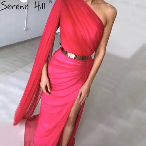Red One Shoulder Cape Sleeves Mermaid Dresses 2020 Sashes Simple Sexy Evening Serene Hill BLA70439