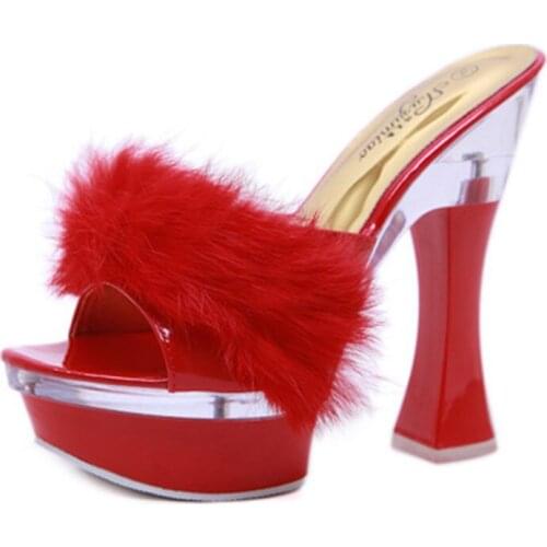 15CM rabbit hair upper square heel cool slippers, female summer waterproof platform non-slip thick bottom sexy versatile slipper