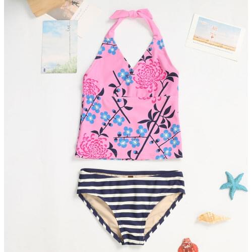 5-12 Years Girl Swimsuit Kids Floral Two Piece Childrens Swimwear Tankini Halter Top Girls Bathing Suit Striped Beachwear 2021