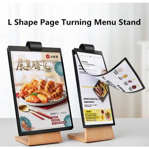 L Shape Page Turning Vertical Slant Back Wood Menu Sign Holder Picture Photo Frames, Flyer Document Paper Display Stand