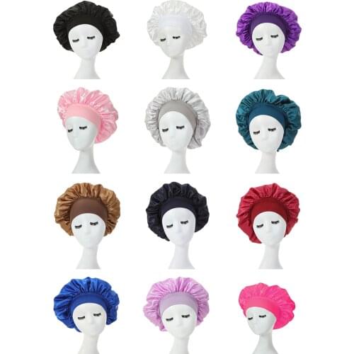 Newly Womens Satin Solid Color Sleeping Hat with Premium Elastic Band Wrap Brimmed Cap Hair Care Bonnet Men