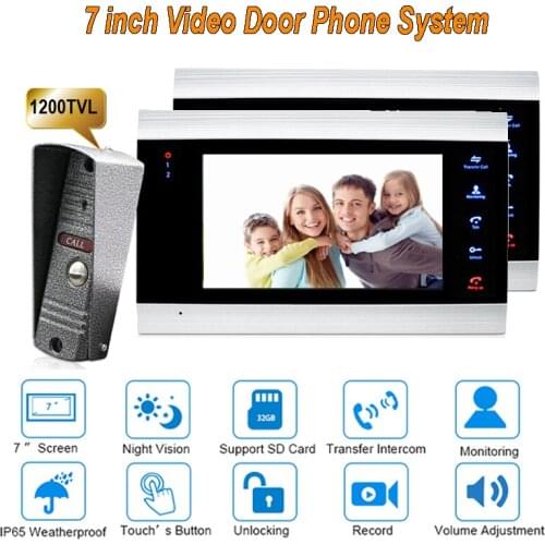 New 4 wire video door phone kit With 1 Camera and 2 monitors 7 inch 1200TVL Doorbell Intercom system IP65 Camera DoorPhone