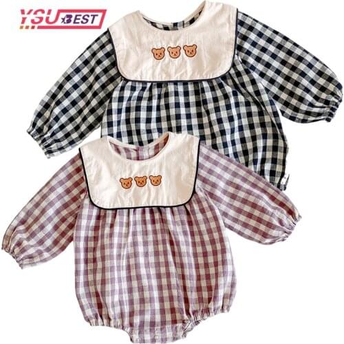 2021 Autumn New Baby Bodysuits Cute Little Bear Print Long Sleeve Baby Girls Bodysuit Kid Boys Plaid Jumpsuit Clothes Cotton