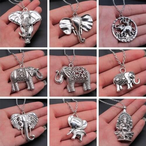 Thai Elephant Pendant Necklace Fashion Vintage Antique Silver Color Big Elephant Necklace Long Chain Metal Chain Necklace
