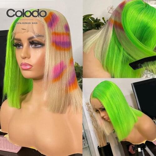 Rainbow Color Bob Wig Lace Front Human Hair Wigs with Baby Hair Half Blue Half Blonde Preplucked Lace Front Wig for Women COLODO