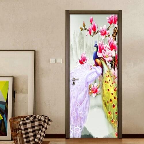 Peacock Magnolia Flower 3D Door Sticker DIY Wall Decals PVC Self-adhesive Waterproof Mural Wallpaper For Bedroom Door Decoration