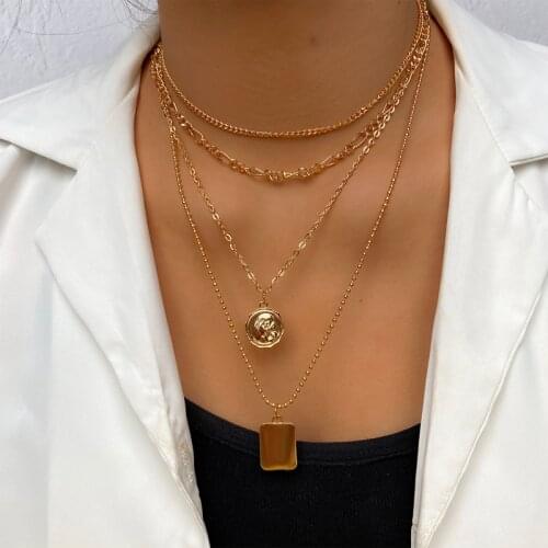KISS WIFE NEW Vintage Multi-layered Square Metal Block Coin Pendant Necklace For Women Beaded Chain Necklace 2021 Trendy Jewelry