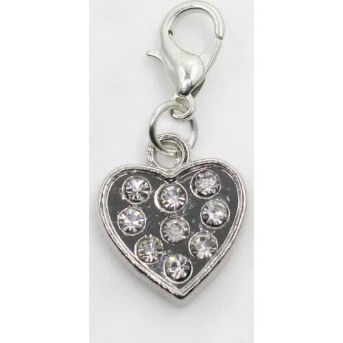 New 20pcs/lot Silver Heart White Crystal Dangle Charms Lobster Clasp DIY Bracelet Necklace Pendants Jewelry Hanging Charms