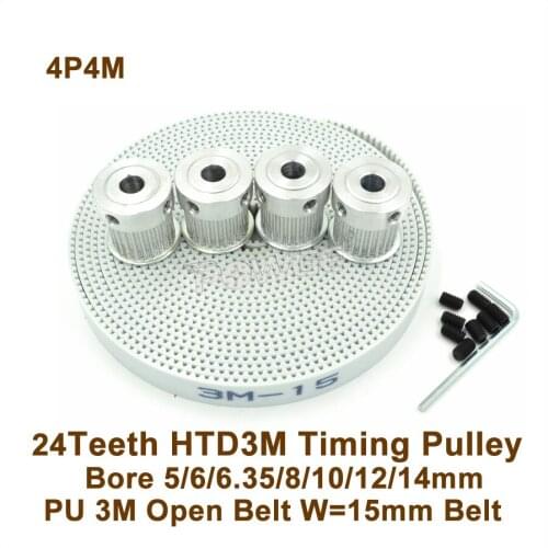 POWGE 4pcs 24 Teeth 3M Timing Pulley 5/6/6.35/8/10/12/14mm + 4meters W=15mm HTD 3M PU Synchronous Belt 24T 24Teeth 3M Pulley