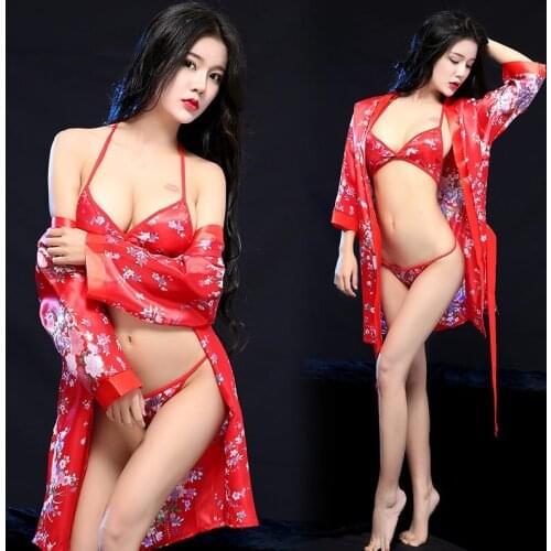 Sexy lingerie sexy red printed Japanese-style kimono bathrobe gathered transparent extreme temptation skirt short skirt fun set