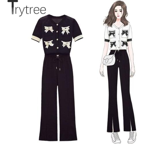 Trytree Summer Women Two Piece Set Casual Knitted Single Breasted Bow Shirt + Elastic Waist Pockets Flare Pants 2 Piece Suit