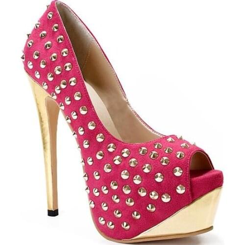 Newest Woman Classic Hot Pink Peep Toe Rivets Pumps Female Big Size 46 Sexy Gold Stiletto Heels Party Night Club Shoes Lady