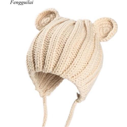 Knitted Winter Baby Hat with Ears Cartoon Lace-Up Children Kids Baby Bonnet Cap for 1-3 Years 5 Colors