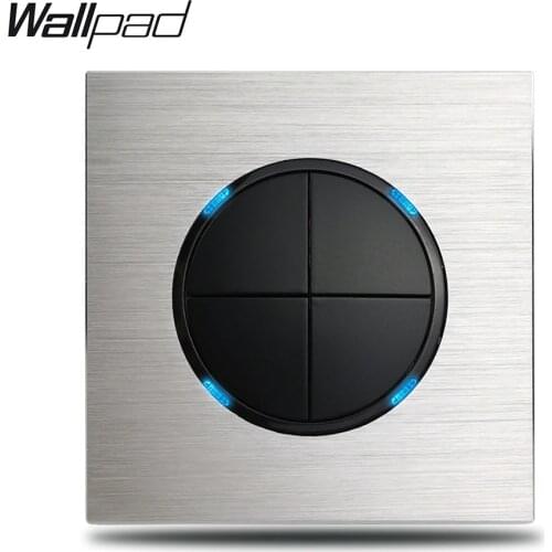 Wallpad Grey 4 Gang Light Switch 1 Way 2 Way Silver Aluminum Alloy Plate L6 Series Push Return Button With Blue LED Indicator