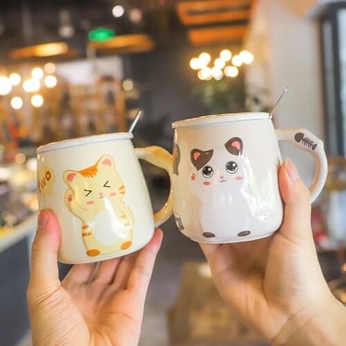 Japanese relief kitten mug with spoon lid,Breakfast cups Drinkware Morning ceramics Mug Milk Coffee Tea mugs