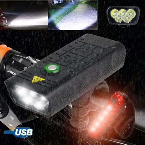 Bright 5XM-L T6 LED Front Handlebar Bike Light USB Rechargeable Bicycle Lamp MTB Flashlight with Safety Warning Taillight