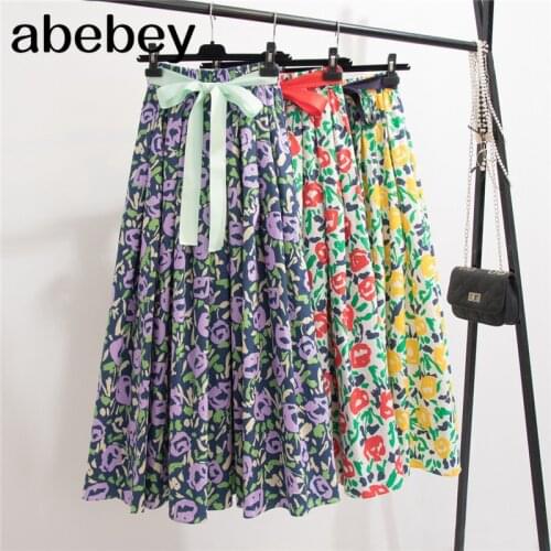 2021 Summer Fashion Brand Print Cartoon Satin Pleated Skirts Womens High Waisted Long Midi Skirt Female Linning Jupe Streetwear
