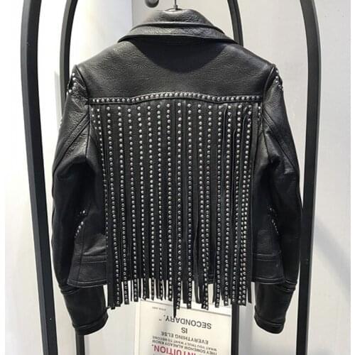 Luxury Heavy Work Rivet Tassel Real Leather Female jackets Moto Biker Single Breasted Lapel Womens Sheepskin Solid Short Coats