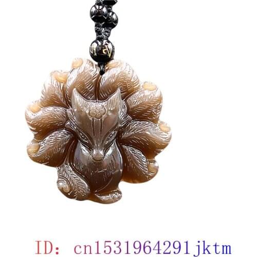 Brown Jade Nine Tailed Fox Pendant Jadeite Gemstone Women Necklace Amulet Chinese Carved Charm Natural Gifts Fashion Jewelry