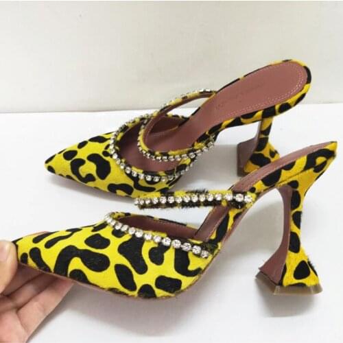 New Leopard Crystal Runway Mules High Heel Sandals Woman Pointy Toe Strange Heel Party Women Shoes Celebrity Slip On Sandalias
