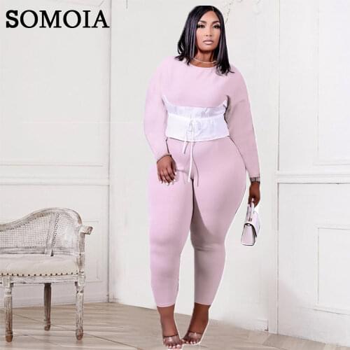 Plus Size Tights Women Two Piece Set Casual Solid Matching Suit Long Sleeve Patchwork Tops and Leggings Streetwear Wholesale