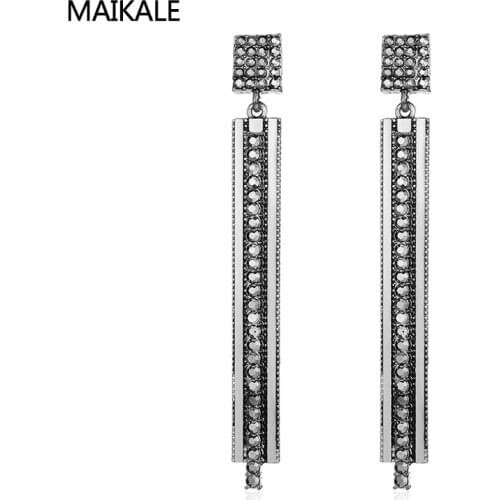 MAIKALE New Classic Rectangle Vintage Earrings Alloy Big Drop Earing Exaggerated White/Black Rhinestone Long Earrings For Women